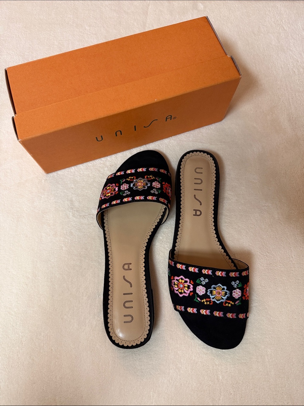Unisa Black Embroidered Slide Mules with Multicolor Floral Detail